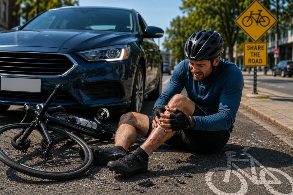 Injured cyclist on the road beside a fallen bike and a stopped car in a bike lane