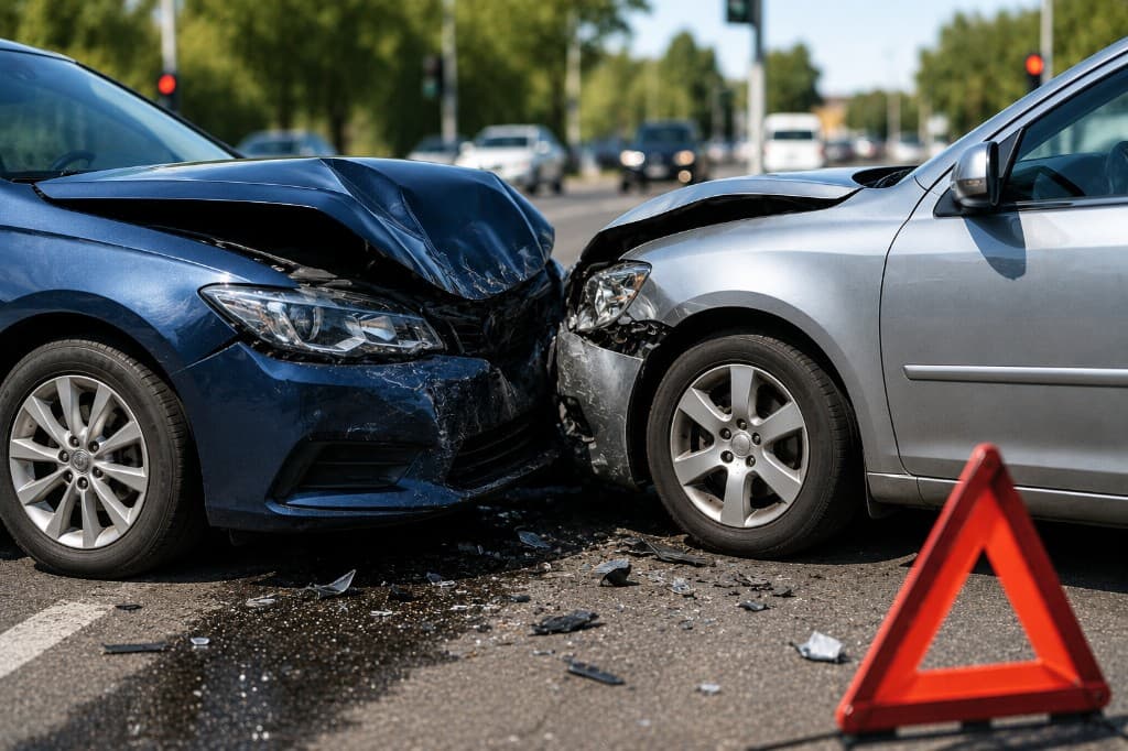 Two damaged cars after a front-end collision on a NSW road with debris on the street