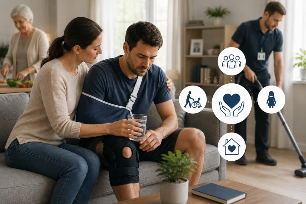 Injured person at home receiving support from family and a care worker
