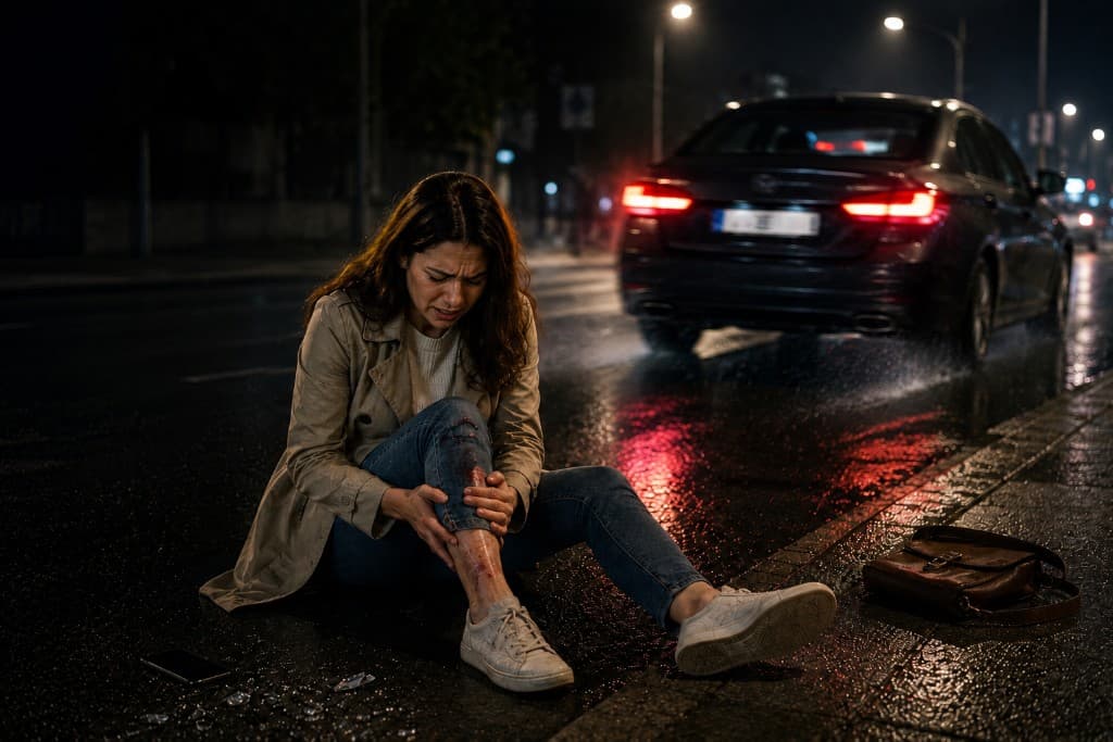 Injured pedestrian on a wet road at night as a car drives away with taillights visible