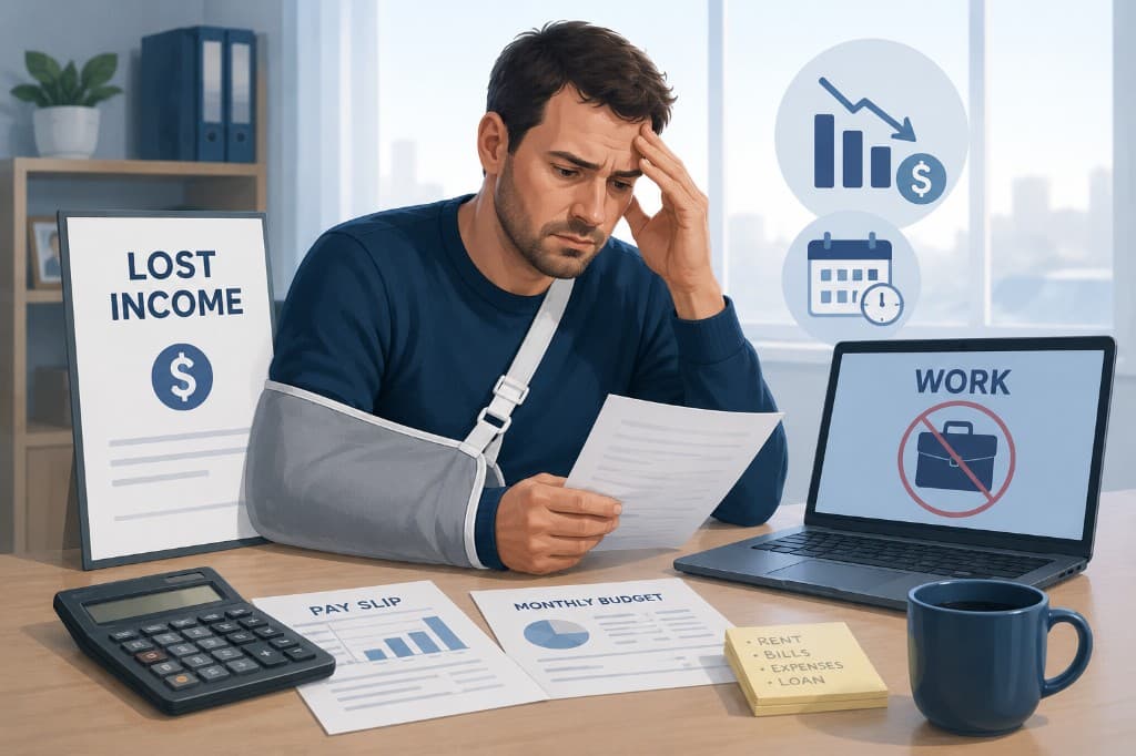 Injured person at a desk reviewing lost income, pay slips and monthly budget documents