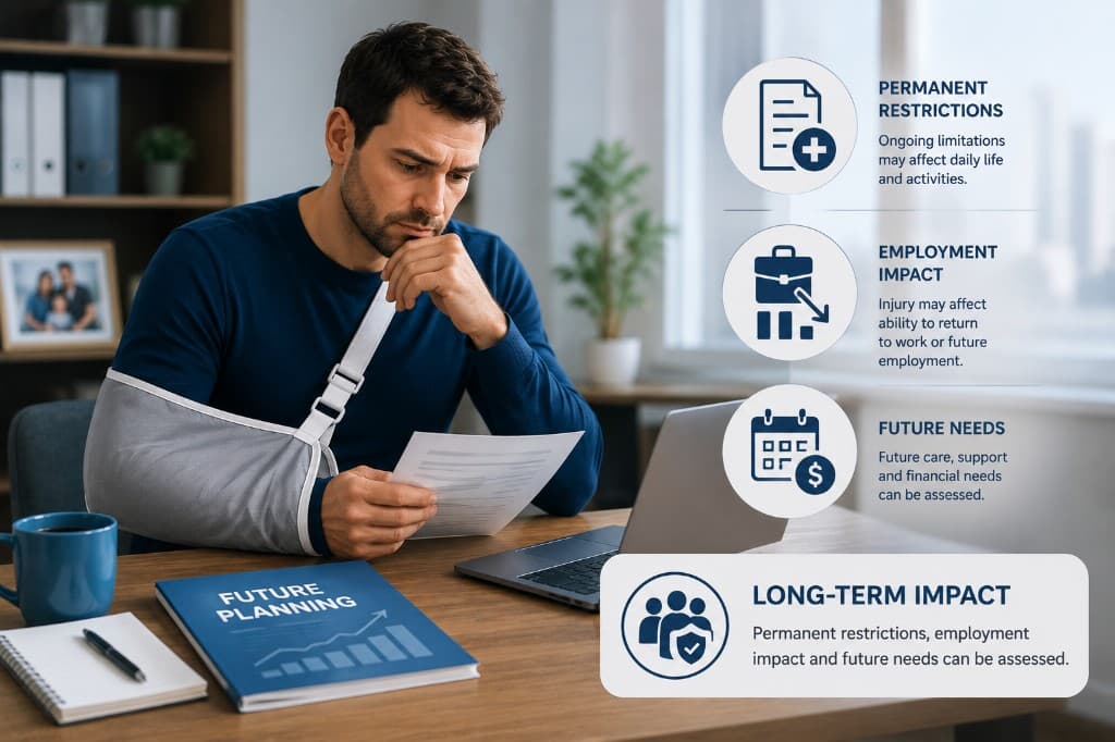 Injured person reviewing future planning documents at a desk with an arm in a sling