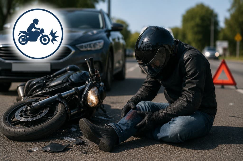 Injured motorcyclist beside a fallen bike and damaged car after a road collision