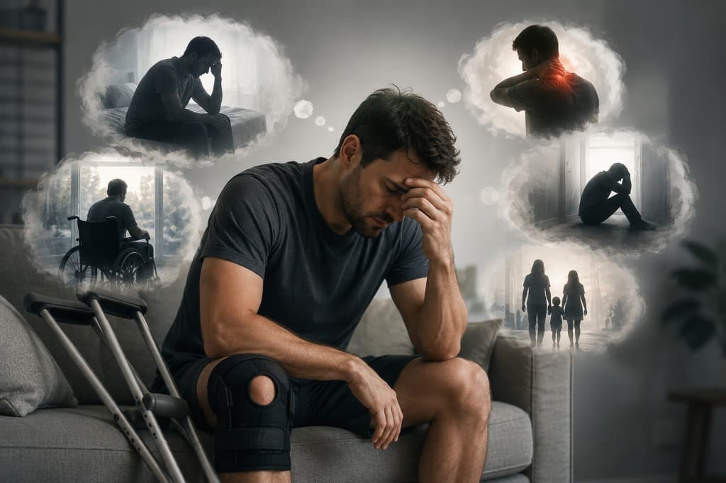 Injured person on a sofa with a knee brace, reflecting on pain, recovery and emotional impact