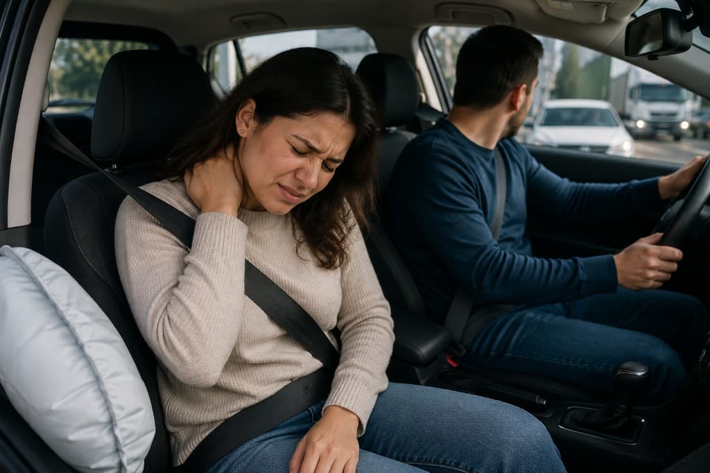 Car passenger clutching her neck after a collision with a deployed side airbag