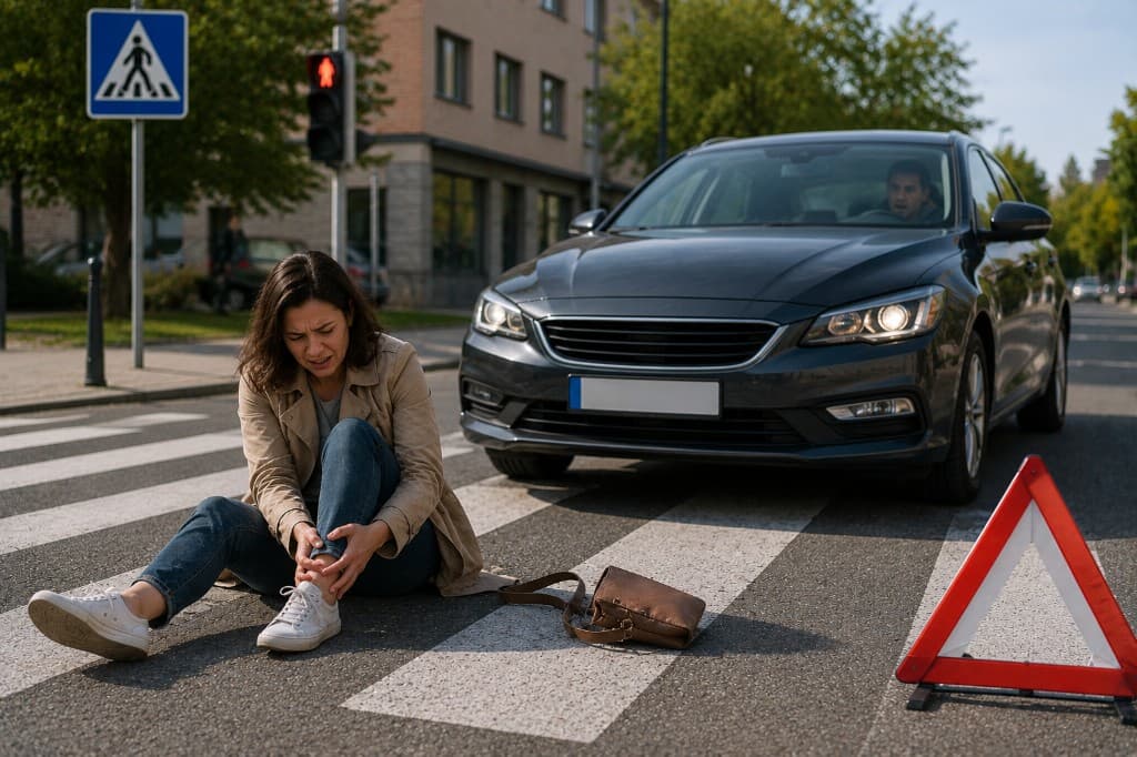 Injured pedestrian sitting on a crosswalk clutching her ankle beside a stopped car