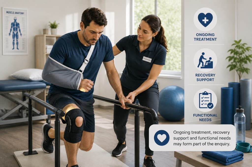 Physiotherapist supporting an injured patient using parallel bars during rehabilitation