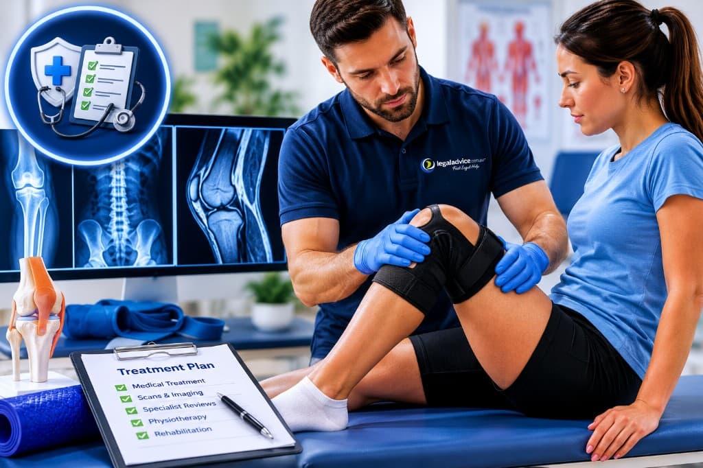 Physiotherapist reviewing a treatment plan with a patient wearing a knee brace